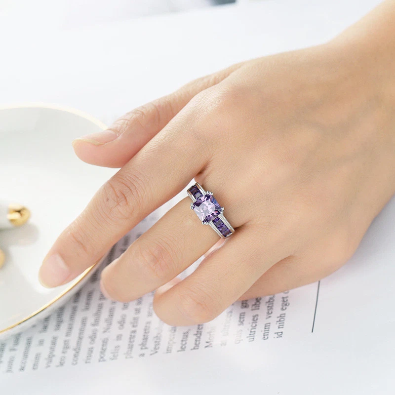 Anillo de plata natural enorme corte cuadrado místico púrpura amatista piedras preciosas talla 6-10 Foto 4 de 4