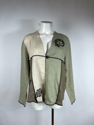 AHNI Made in USA Linen Primitive Print Gecko Bird Fish Taupe Jacket 1