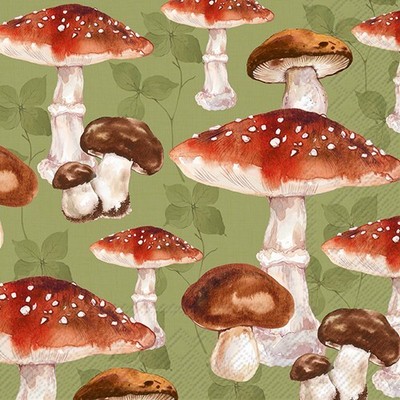 20 Servietten Mushroom Allover green Pilzsorten Fliegenpilz grün Deko 33x33cm