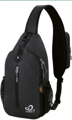 WATERFLY Crossbody Sling Backpack Bag Travel Hiking Chest Bag Daypack -Black