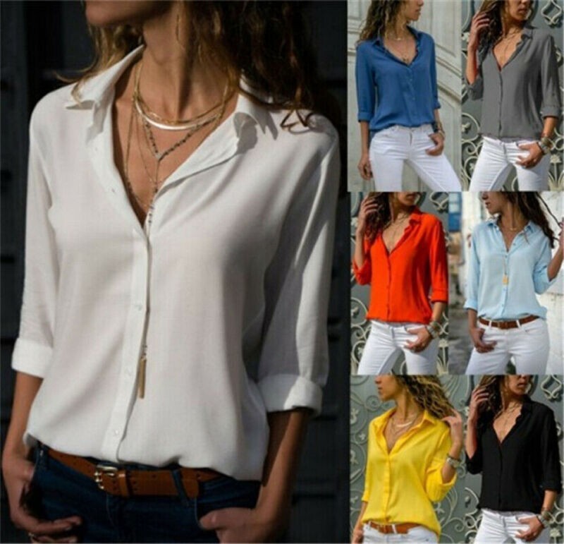 AISEW Womens Casual Button Down Shirts V Neck Chiffon Long/Short Sleeve - View #5