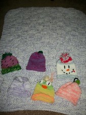 LOT OF 7..BABY GIRLS FUNNY HAND KNIT AFGAN HATS...NEW SIZE NEWBORN-12 MO