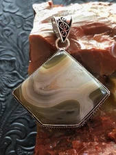 White and Yellow Botswana Agate Pendant 2" Box Bezel Artisan Southwest