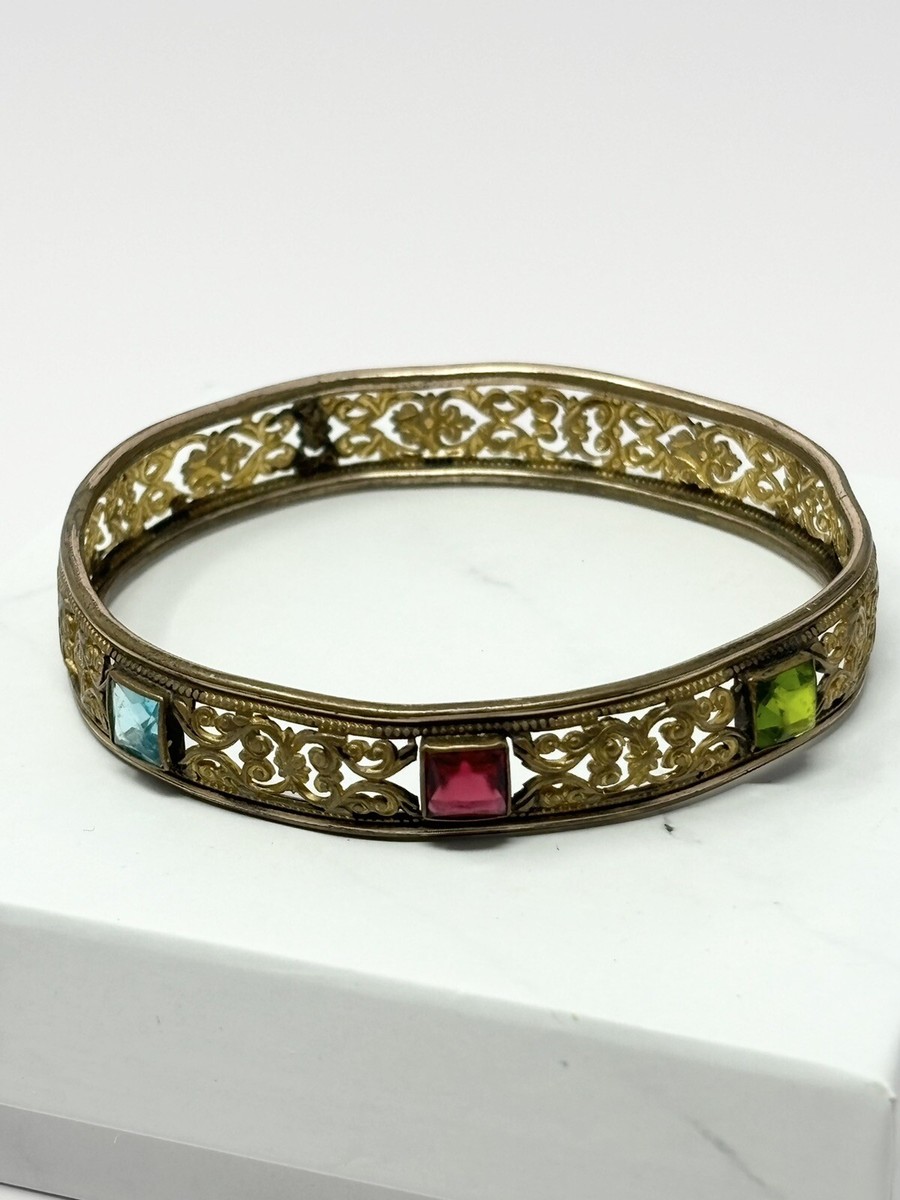 Antique Gold And Glass Gem Bangle Bracelet Signed PB&R