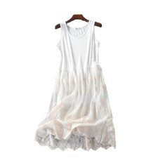 Mujer Vestido Midi Extensor Largo Tanque Floral Encaje Adornos Malla Capa Camisola Modal