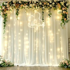 10x10ft Ivory White Chiffon Backdrop Curtain With Lights String Wedding Sheer