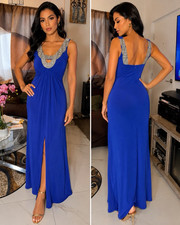 Robbie Bee 8 Blue Beaded V-Neck Sleeveless Maxi Side Slit Formal Dress