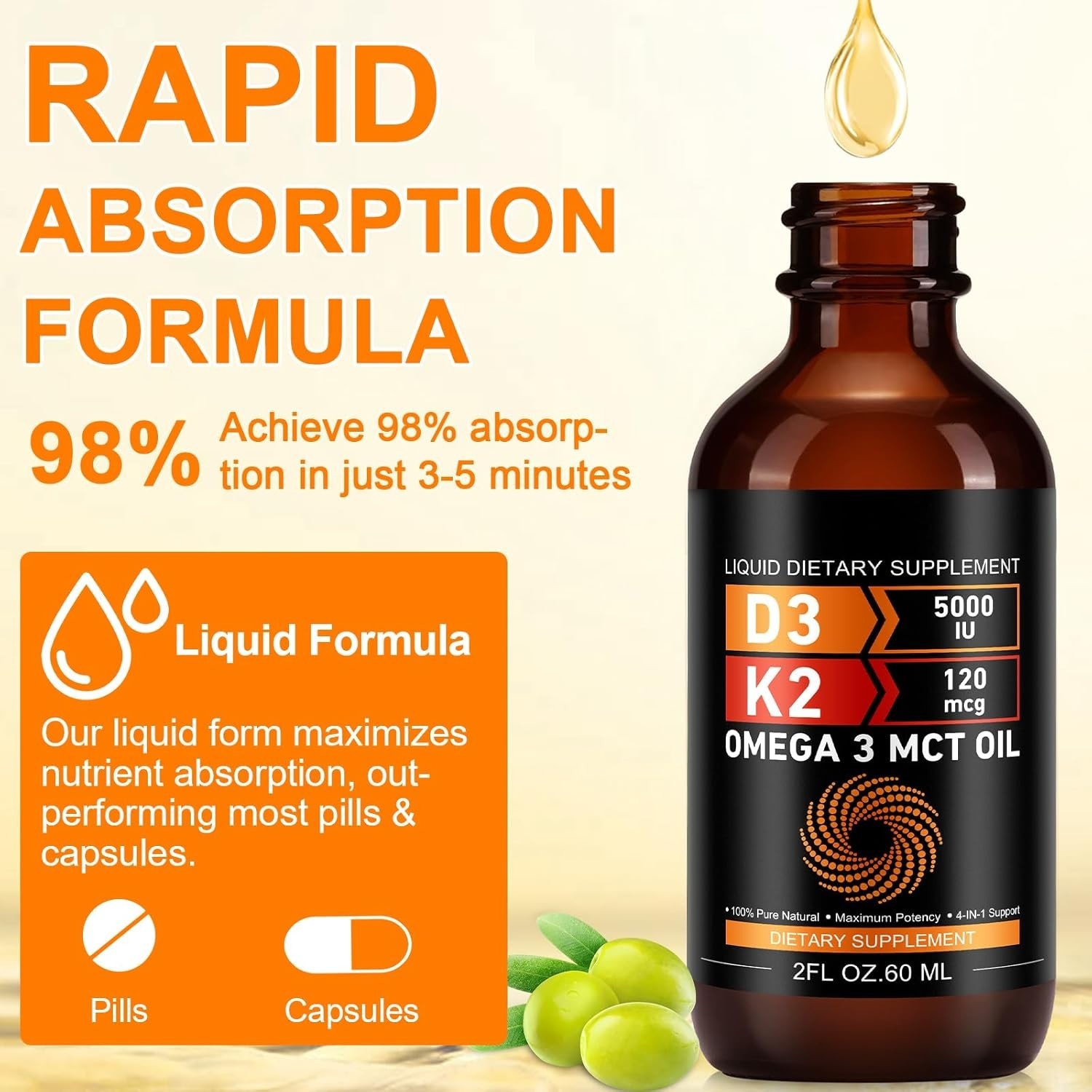 Liquid Vitamin D3 K2 5000 iu & 120 mcg - Vitamin D with MK7 Vitamin K2 Drops - B