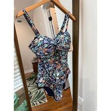 Navy Floral One Piece Swimsuit Ruched Tummy Control Adjustable Straps Size 10