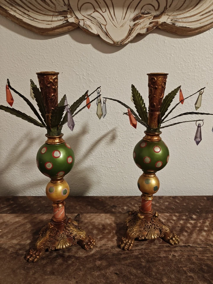 Pair of Vintage Bella Casa Palm Tree Dangling Prism  Candle Holders Ganz 15' - Image 2 of 4