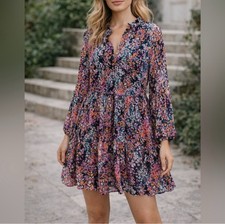 Vince Camuto Dress Womens Medium M Black Floral Shift Short V-Neck Long Sleeve