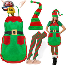 6PCS Christmas Elf Costume Set for Women,Include Elf Apron,Long Hat,Stockings, E