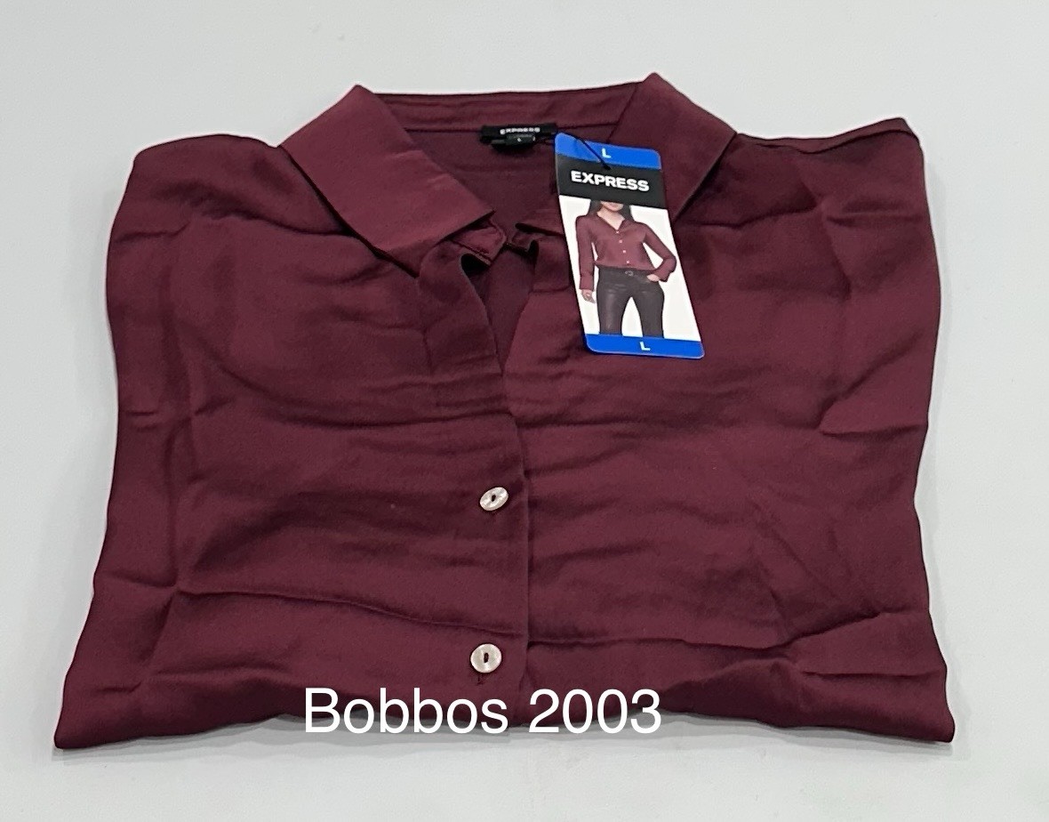 三六九 Express Women's Button Down V-Neck Long Sleeves Satin Shirt, Dark