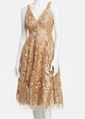 Dress The Population Women's Gold Sequins Lace V-Neck Blair Dress Sz M