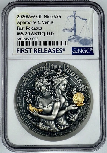 2020 MW Niue APHRODITE & VENUS Silver 2 Oz Gilt Coin NGC MS 70 Antiqued + OGP FR