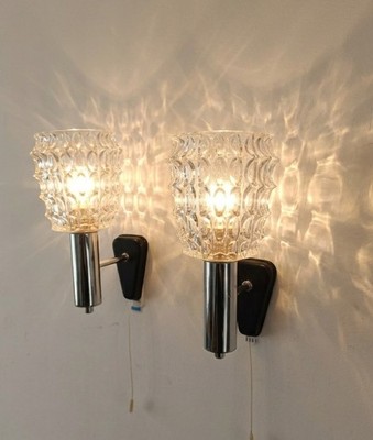 Paar Vintage MCM Chrom Wandleuchter - strukturiertes Ananasglas 60er Space Age
