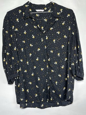 CAMAIEU Womens Short Sleeve Shirt Blouse Sz M Multicoloured Floral Black Gold