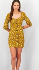 ASOS Design Mustard Yellow Floral Mini Dress Puff Sleeves Sweetheart Size 14