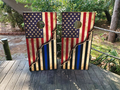 WATERPROOF & FADEPROOF Cornhole Board Wraps  /  USA Flag Thin Blue Line