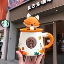 StarbucksFall Special Ceramic Mug Autumn Forest Maple Leaf Mug with Cute Fox Lid