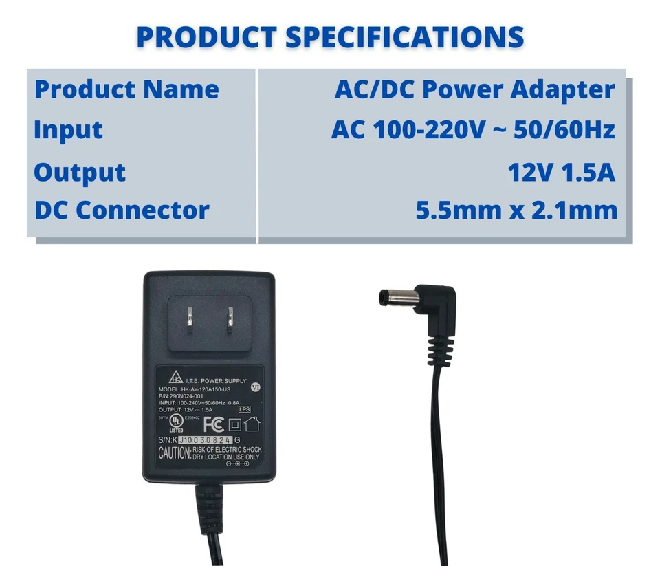 12V DC 1.5A Power Supply Adapter 1500mA Wall Charger for 12 Volt Electronics UL - Image 2 of 4