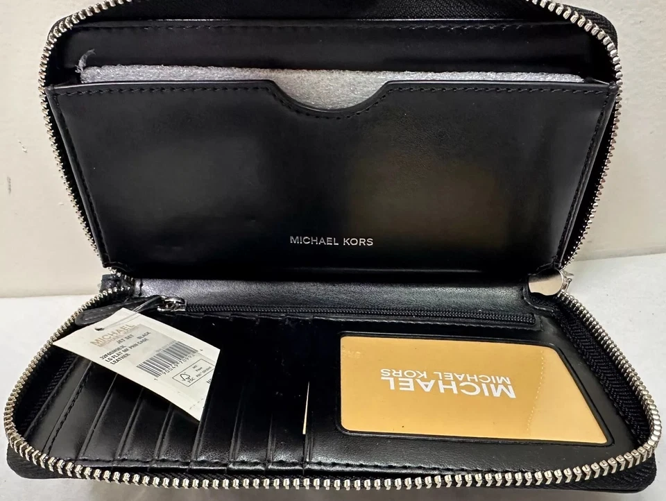 Michael Kors Jet Set Grande Plano Negro Plata Guijarro Cuero Estuche Teléfono Muñequera Foto 4 de 4