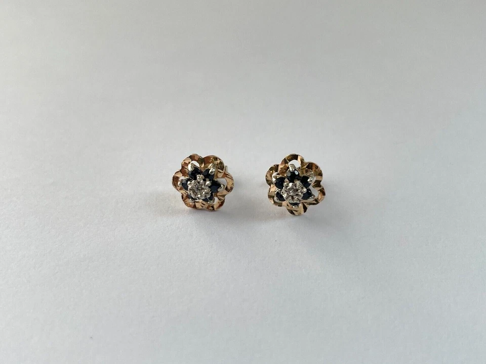 1992 Sapphire & Diamond Earrings 9ct Gold Stud Flower Cluster Vintage Earrings - Image 4 of 4
