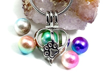 Paw Print Pearl Bead Oyster Cage Pendant Necklace Pet Dog Cat Rescue Gift Set 