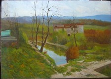::OIL PAINTING TUSCANY SIGNED REMO CENERINI ITALY HOUSE FIELDS MEDITERRANEAN OIL PAINTING