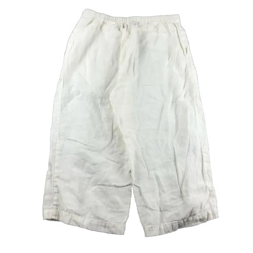 Flax Pants Womens Small White Linen High Rise Wide Crop Flat Front Elastic Waist - 第 3/10 張圖片