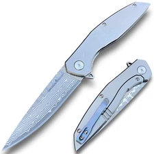 Full Tc4 Titanium EDC Folding Knife! Damascus Steel Blade! Ball Bearing Pivot