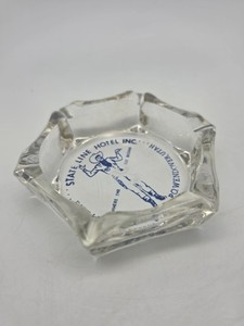 State Line Hotel Inc. Glass Ashtray Hotel & Motel Advertising Clear Blue White