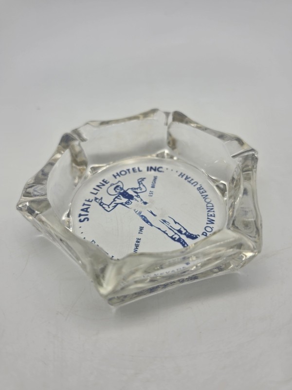 State Line Hotel Inc. Glass Ashtray Hotel & Motel Advertising Clear Blue White
