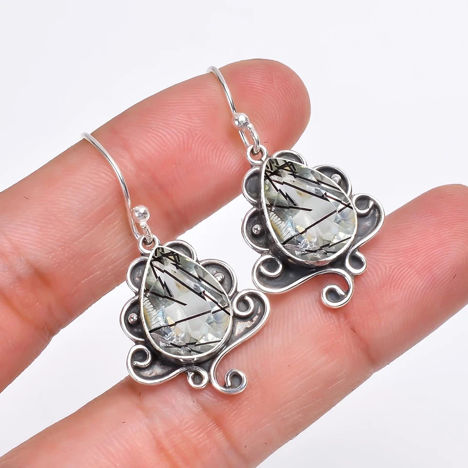 Black Rutilated Quartz 925 Sterling Silver Earring, Christmas Gift, E14058 - Image 2 of 4