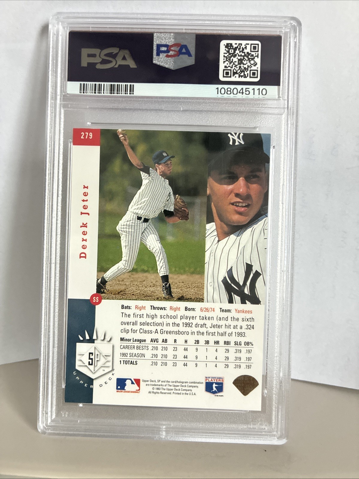 1993 Upper Deck SP Derek Jeter #279 (RC) Foil PSA 6  EX-MT view 2