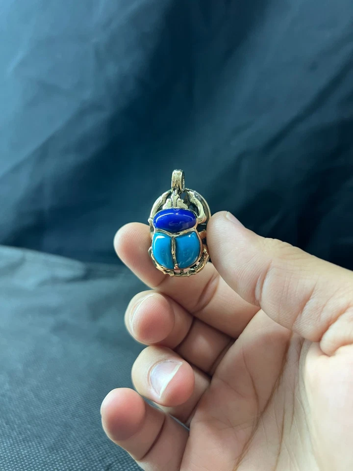 Egyptian Scarab Beetle Pendant Gold Enamel Amulet with Blue and Turquoise - Image 2 of 4