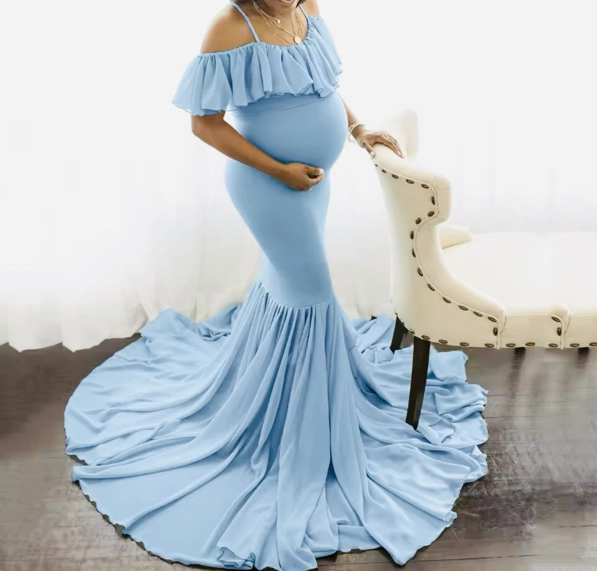 sachin and babi light blue dress JustVH Maternity Off Shoulder Chiffon Gown for Photography Front Split Maxi  Pregnancy Dress for Photoshoot Black at Amazon Women's Clothing store main image 1