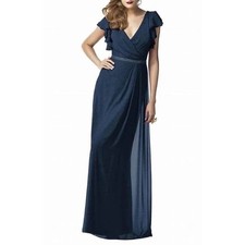 Dessy Collection Women's 2874 Blue Gold Shimmer Flutter Sleeve Faux Wrap Gown 4