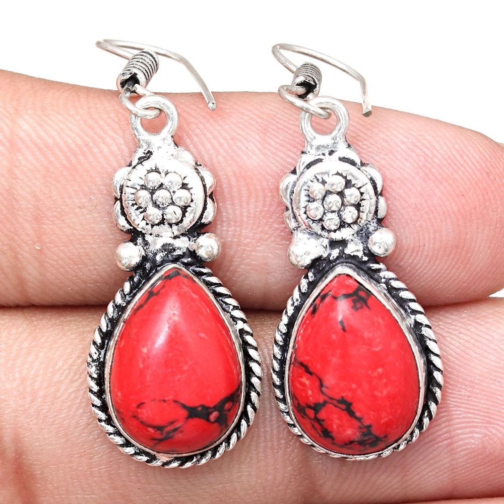 Red Turquoise Gemstone Handmade Silver Earrings for Women 1.75 Inch