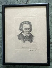 Vintage Portrait of Franz Schubert Glass Framed Labled Mueller Bros Signed