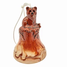Vintage Ceramic Art Pottery Bell Alaska Bear Chime Drip Glaze Brown Beige Swirl