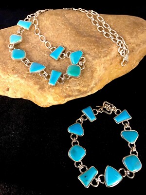 Navajo Sterling Silver Inlay Blue Turquoise Old Pawn Necklace