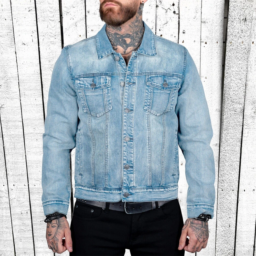 Mens Denim Jacket Jean Coat Loose Casual Clothing Long Sleeve Buttons