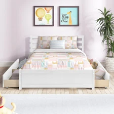 Full Size Wood Platform Bed Frame with 4 Storage Drawers and Headboard White