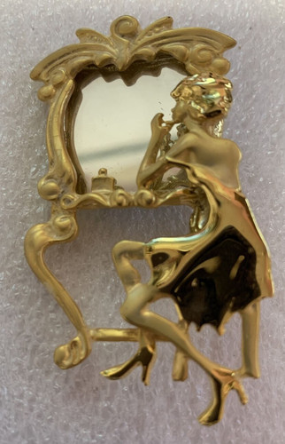 VINTAGE GOLD TONE BROOCH WOMAN Looking At Mirror