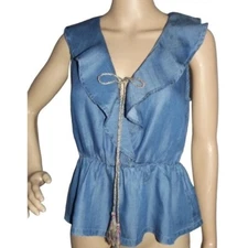 Tank Top Ethereal by Paper Crane Womens Small Blue Denim Chambray V-Neck Ruffle