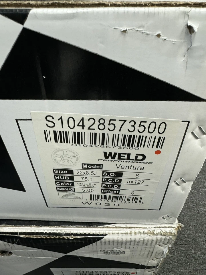 Staggered WELD RACING Ventura S104 22x8.5 & 22X12 5X127 Gloss Black Milled Chevy - Image 4 of 4