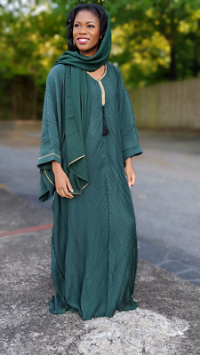 green abaya dress Nora African Chiffon Kaftan Moroccan Arabic Ribbed with Gold E ALWAYS ON
