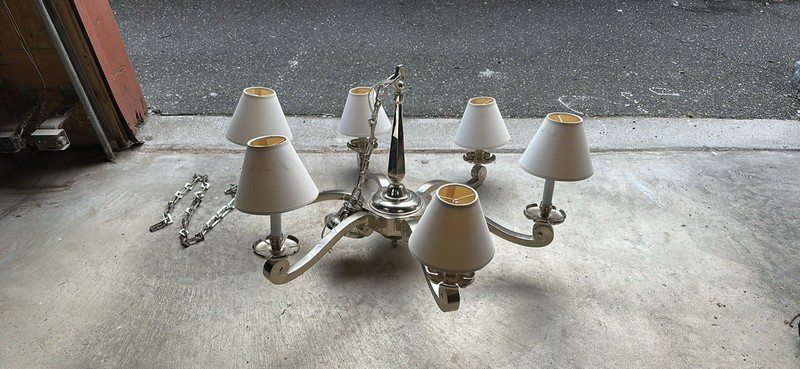 6-Light Polished Silver Metal Chandelier, White Cone Shades, Hardwired Indoor