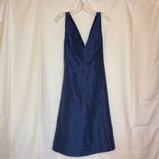 Jenny Yoo Collection Navy Shantung Silk Sleeveless Midi V Neck Dress With Bow